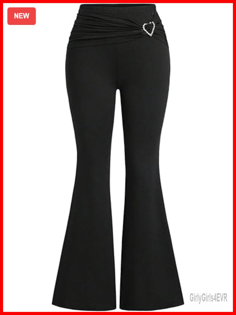 High Waisted Flare Leggings With Rhinestone Heart Shaped Detail